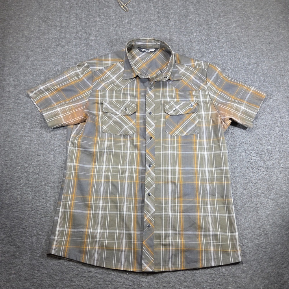 Stone Glacier Break Plaid Snap Shirt Mens Large Gray Orange Short Sleeve 90001